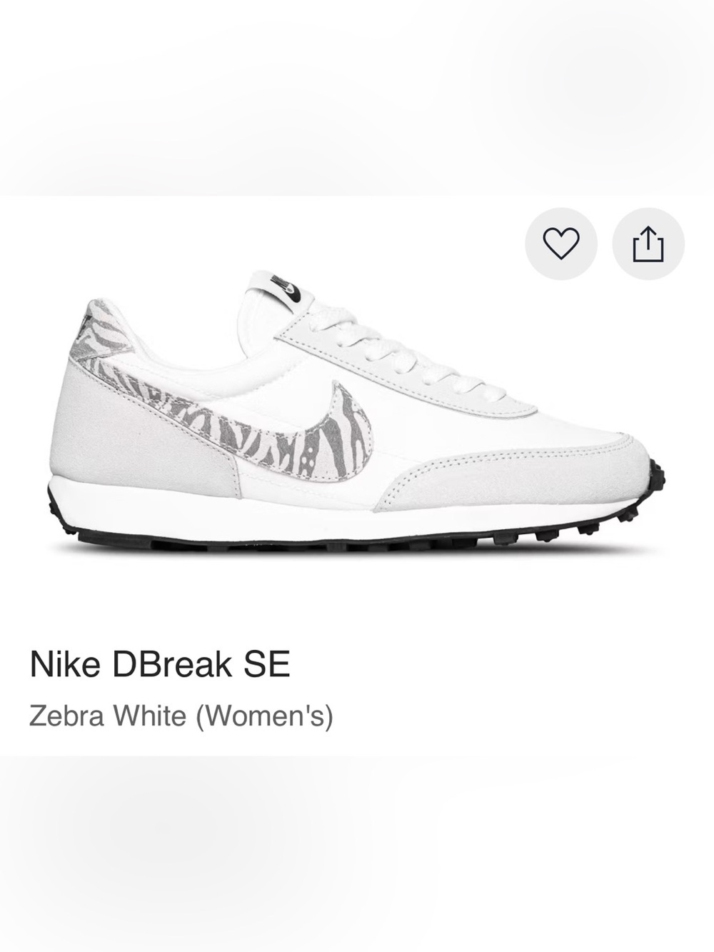 Nike DBreak SE Women's White with Gray Zebra Swoosh Sneakers